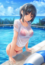 Rule 34 | 1girl, aoyama sumika, bikini, black eyes, black hair, blue sky, breasts, closed mouth, cloud, cloudy sky, coffee-kizoku, collarbone, commentary request, day, halterneck, highres, innertube, light smile, looking at viewer, medium breasts, navel, ocean, original, outdoors, partially submerged, pool, red bikini, see-through, shiny skin, shirt, short hair, short sleeves, sky, solo, string bikini, swim ring, swimsuit, t-shirt, thighs, water, water drop, wet, wet clothes, wet shirt