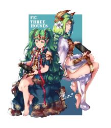 Rule 34 | 2girls, armor, barefoot, braid, breastplate, closed mouth, conope, copyright name, dated, fire emblem, fire emblem: three houses, flower, full body, green eyes, green hair, hair flower, hair ornament, highres, long hair, looking back, matching hair/eyes, mother and daughter, multicolored hair, multiple girls, nintendo, nintendo switch, parted lips, pointy ears, sitting, smile, sothis (fire emblem), tiara, twin braids