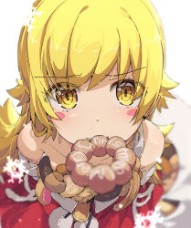 Rule 34 | 1girl, bakemonogatari, bell, blonde hair, blush, blush stickers, churro, commentary request, doughnut, dress, fang, food, food in mouth, foreshortening, highres, holding, holding food, looking at viewer, matching hair/eyes, merry christmas, monogatari (series), mouth hold, ogipote, oshino shinobu, pon de ring, red dress, snowflakes, solo, yellow eyes