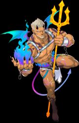 Rule 34 | abs, beard, black nails, blue fire, bracelet, chain, chest belt, claws, colored extremities, demon, demon horns, demon tail, demon wings, earrings, facial hair, fire, glowing, glowing tattoo, gyee, highres, holding, holding weapon, horns, jewelry, large pectorals, leather, leather belt, loincloth, looking at viewer, male pubic hair, muscular, muscular male, nipples, non-web source, official art, pectorals, pointy ears, polearm, pubic hair, pubic hair peek, purple eyes, pyrokinesis, redgart, sam (red gart), short hair, smirk, tail, tattoo, thick arms, thick eyebrows, thick thighs, thighs, trident, weapon, white hair, wings