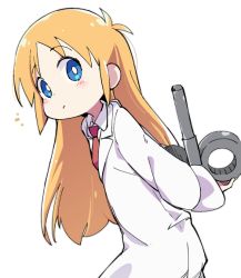 Rule 34 | 1girl, arms behind back, blue eyes, bright pupils, closed mouth, expressionless, from side, grey outline, hatching (texture), holding, holding key, ixy, key, lab coat, linear hatching, long hair, long sleeves, looking at viewer, looking to the side, necktie, nichijou, notice lines, orange hair, outline, professor shinonome, red necktie, solo, standing, tareme, upper body, white pupils, winding key, wing collar
