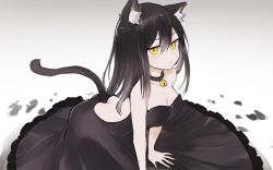 Rule 34 | 13o, 1girl, animal ears, arched back, arm support, ass, backless dress, backless outfit, bare arms, bare shoulders, bell, black collar, black dress, black hair, breasts, cat ears, cat girl, cat tail, circle skirt, cleavage, closed mouth, collar, collarbone, commentary, dress, english commentary, female focus, frilled dress, frills, gradient background, grey background, hair between eyes, jingle bell, kneeling, long hair, looking at viewer, medium breasts, neck, neck bell, original, petals, solo, strapless, strapless dress, tail, tail raised, tears, very long hair, white background, yellow eyes