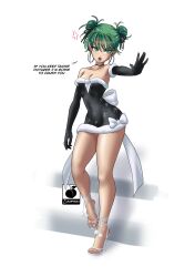 Rule 34 | 1girl, anger vein, bare legs, black gloves, bow, breasts, choker, cleavage, dress, earrings, elbow gloves, english text, female focus, full body, gloves, green eyes, green hair, high heels, highres, jewelry, linkartoon, matching hair/eyes, no background, one-punch man, short hair, small breasts, snowflakes, solo, tatsumaki, toes, wide hips