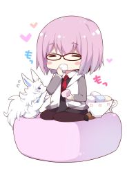 Rule 34 | 1girl, bad id, bad twitter id, blush stickers, chibi, cup, eating, fate/grand order, fate (series), flying sweatdrops, food, fou (fate), glasses, hair over one eye, holding, light purple hair, marshmallow, mash kyrielight, seiza, short hair, simple background, sitting, teacup, translated, watanon (gakushokutei)