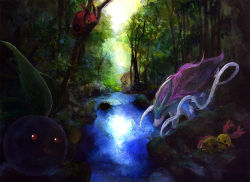 Rule 34 | chingling, creatures (company), forest, game freak, gen 1 pokemon, gen 2 pokemon, gen 4 pokemon, gen 5 pokemon, legendary pokemon, nature, nintendo, no humans, oddish, painting (medium), pokemon, pokemon (creature), red eyes, scenery, suicune, traditional media, tree, venipede, wanwannyaaaura, water, watercolor (medium)
