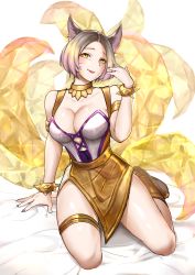 Rule 34 | 1girl, absurdres, ahri (league of legends), animal ears, arm support, bare shoulders, blonde hair, bracelet, breasts, brown hair, cleavage, collarbone, facial mark, fox ears, hand up, highres, jewelry, k/da (league of legends), k/da ahri, k/da ahri prestige edition, kneeling, large breasts, league of legends, multicolored hair, multiple tails, official alternate costume, parted bangs, saliva, short hair, simple background, smile, solo, tail, tongue, tongue out, two-tone hair, wei miao, whisker markings, white background
