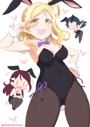 Rule 34 | 3girls, :&gt;, :d, animal ears, arms up, bad id, bad pixiv id, black leotard, blonde hair, blush stickers, bow, bowtie, braid, breasts, cleavage, commentary request, cowboy shot, crossed arms, crown braid, detached collar, fake animal ears, fishnet pantyhose, fishnets, guilty kiss (love live!), hair rings, hand on own hip, heart, kitahara tomoe (kitahara koubou), leotard, looking at viewer, love live!, love live! sunshine!!, medium breasts, multiple girls, o/, ohara mari, open mouth, outstretched arms, pantyhose, playboy bunny, purple neckwear, purple ribbon, rabbit ears, rabbit tail, ribbon, sakurauchi riko, smile, strapless, strapless leotard, tail, tsushima yoshiko, twitter username, w over eye, wavy mouth, white background, wrist cuffs, yellow eyes, | |