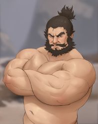 Rule 34 | 1boy, absurdres, bara, beard, belly, brown hair, character request, check character, completely nude, facial hair, fat, fat man, highres, large pectorals, looking at viewer, male focus, mature male, muscular, muscular male, mustache, navel, nude, old, old man, pectorals, romance of the three kingdoms, shin sangoku musou, short hair, sideburns, solo, stomach, tevit (tevit15), thick eyebrows, upper body, zhang fei (romance of the three kingdoms)