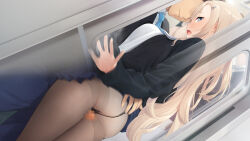 Rule 34 | 1girl, ass, blonde hair, blue eyes, blush, breasts, censored, double shojo no pansto gakuen, embarrassed, from below, highres, jacket, large breasts, legs, long hair, looking back, mosaic censoring, open mouth, original, panties, panties under pantyhose, pantyhose, penis, school uniform, skirt, standing, thigh sex, thighs, train, train interior, underwear, x-ray