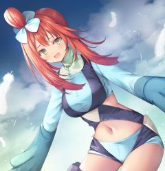 Rule 34 | 1girl, :d, bad id, bad pixiv id, blue jacket, blue shorts, blue sky, blush, breasts, cloud, cloudy sky, creatures (company), day, feathers, game freak, green eyes, hair between eyes, jacket, long hair, looking at viewer, medium breasts, murano, nintendo, open mouth, outdoors, outstretched arms, pokemon, pokemon bw, red hair, short shorts, shorts, sidelocks, sky, skyla (pokemon), smile, solo, white feathers