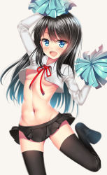 Rule 34 | 10s, 1girl, :d, adapted costume, alternate costume, armpits, asashio (kancolle), black hair, black thighhighs, blue eyes, blue skirt, breasts, cheering, cheerleader, collarbone, crop top, grey background, highres, holding, kantai collection, long hair, long sleeves, miniskirt, navel, no bra, open mouth, pleated skirt, pom pom (cheerleading), puririn, red ribbon, ribbon, simple background, skirt, small breasts, smile, solo, standing, standing on one leg, stomach, sweat, swept bangs, thighhighs