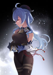Rule 34 | 1girl, absurdres, ahoge, bare shoulders, bell, black gloves, black legwear, black leotard, blue hair, bodystocking, bodysuit, breasts, chinese knot, closed eyes, clothes lift, detached sleeves, flower knot, ganyu (genshin impact), genshin impact, gloves, gold trim, highres, horns, leotard, leotard under clothes, lifted by self, long hair, medium breasts, neck bell, pelvic curtain, pelvic curtain lift, sidelocks, solo, standing, tassel, thighlet, white sleeves, y kimisaki