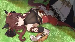 Rule 34 | 1girl, absurdres, animal ears, bare shoulders, braided hair rings, breasts, brown hair, cleavage, commentary, ear covers, gentildonna (umamusume), gloves, grass, hair between eyes, highres, horse ears, horse girl, horse tail, large breasts, long hair, looking at viewer, lying, medium hair, on back, queensalmon221, red eyes, see-through, smile, solo, tail, umamusume, white gloves