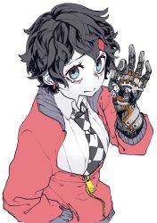 Rule 34 | 1girl, absurdres, black hair, black necktie, blue eyes, closed mouth, earrings, hand up, highres, jacket, jewelry, long sleeves, looking at viewer, mechanical arms, necktie, original, red jacket, reiga (act000), short hair, simple background, single mechanical arm, solo, upper body, white background
