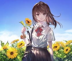 Rule 34 | 1girl, aka tonbo (lovetow), bag, black skirt, blue sky, bow, bowtie, brown eyes, brown hair, carrying, closed mouth, cloud, cloudy sky, daisy, day, dress shirt, field, flower, flower field, holding, holding flower, looking at viewer, medium hair, orange scrunchie, original, outdoors, plaid, plaid bow, plaid bowtie, plaid neckwear, pleated skirt, red bow, red bowtie, school bag, school uniform, scrunchie, shirt, short sleeves, skirt, sky, smile, solo, standing, sunflower, sunflower field, white shirt, wind, wing collar, wrist scrunchie
