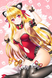 Rule 34 | 1girl, aile (crossroads), animal ears, armlet, armpits, bell, black thighhighs, blonde hair, breasts, cat ears, cat tail, cinia pacifica, cleavage, clothing cutout, collar, detached collar, dutch angle, frills, high heels, hip focus, jingle bell, kittysuit, large breasts, leotard, looking at viewer, navel cutout, neck bell, nontraditional playboy bunny, paw pose, red eyes, shiny skin, sitting, sword girls, tail, thighhighs, wariza