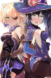 Rule 34 | 2girls, aqua eyes, ass, back-to-back, bare shoulders, black gloves, black hair, black pantyhose, blonde hair, bow, breasts, commentary, dress, earrings, eyepatch, fischl (genshin impact), genshin impact, gloves, green eyes, hair ornament, hair over one eye, hair ribbon, hat, highleg, highleg leotard, highres, jewelry, leotard, long hair, looking at viewer, medium breasts, mona (genshin impact), multiple girls, open mouth, pantyhose, ribbon, shiny pants, smile, sweat, twintails, two side up, uenoryoma, witch hat