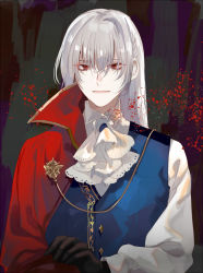 Rule 34 | 1boy, :|, ascot, black gloves, blue vest, cape, character request, closed mouth, copyright request, gloves, kyouichi, long hair, long sleeves, looking at viewer, male focus, pale skin, red cape, red eyes, solo, vest, white ascot, white hair