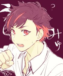 Rule 34 | 10s, 1boy, bad id, bad pixiv id, black hair, close-up, ensemble stars!, looking at viewer, male focus, multicolored hair, nagumo tetora, red hair, simple background, solo, translation request, tubuan oisii, two-tone hair