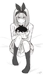 Rule 34 | 1girl, bed sheet, blush, character doll, closed mouth, collarbone, collared shirt, commentary request, eyebrows hidden by hair, full body, go-toubun no hanayome, greyscale, hair between eyes, hair ribbon, highres, kneehighs, kujou karasuma, long sleeves, looking at viewer, monochrome, nakano yotsuba, no shoes, hugging object, pleated skirt, ribbon, shirt, signature, sitting, skirt, socks, solo, uesugi fuutarou, wavy mouth, white background