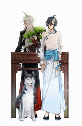 Rule 34 | 2boys, ahoge, black footwear, black jacket, blue eyes, clothing request, cranespirit, fur trim, jacket, long hair, mikhail (sirius), multiple boys, plant, potted plant, standing, table, tenrou: sirius the jaeger, tongue, tongue out, very long hair, watermark, white background, wolf, yuily (sirius)
