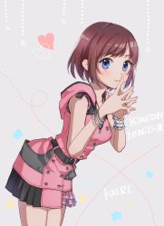 Rule 34 | 1girl, asymmetrical clothes, belt, belt buckle, black belt, blue eyes, blush, bracelet, breasts, brown hair, buckle, buttons, character name, chobitto, closed mouth, copyright name, cowboy shot, dress, heart, highres, hood, hood down, interlocked fingers, jewelry, kairi (kingdom hearts), kingdom hearts, kingdom hearts iii, legs together, medium breasts, pink dress, pleated dress, sleeveless, sleeveless dress, smile, solo, star (symbol)