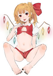 Rule 34 | 1girl, :p, absurdres, adapted costume, arm support, barefoot, black nails, blonde hair, bow, breasts, cleavage cutout, clothing cutout, commentary request, crystal, flandre scarlet, full body, hair bow, hand on own chest, hand up, highres, knees apart feet together, looking at viewer, nail polish, navel, no headwear, nostrils, one side up, petite, puffy short sleeves, puffy sleeves, red bow, red eyes, revealing clothes, short sleeves, simple background, sitting, small breasts, solo, sugoiwaa44, toenail polish, toenails, toes, tongue, tongue out, touhou, white background, wings