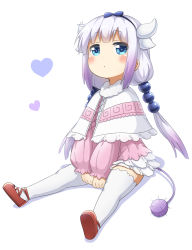 Rule 34 | 10s, 1girl, beads, between legs, blue eyes, blunt bangs, blush, capelet, closed mouth, dokka no kuni no kokuou, dragon girl, dragon horns, dragon tail, dress, frilled dress, frills, full body, hair beads, hair ornament, hairband, half-closed eyes, hand between legs, horns, kanna kamui, kobayashi-san chi no maidragon, legs, light purple hair, long hair, long sleeves, looking at viewer, low twintails, ribbon, short dress, sitting, solo, tail, thighhighs, twintails, white background, white thighhighs