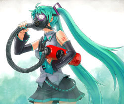 Rule 34 | 1girl, aqua hair, bare shoulders, detached sleeves, gas mask, hair ornament, hatsune miku, holding, itou (onsoku tassha), long hair, mask, nail polish, necktie, pleated skirt, simple background, skirt, solo, strap, tank (container), tattoo, tube, twintails, very long hair, vocaloid