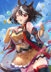 Rule 34 | 1girl, ahoge, animal ears, black hair, blush, breasts, cleavage, clenched hand, cloud, commentary request, confetti, detached sleeves, hair between eyes, hair ornament, highres, horse ears, horse girl, kita (kitairoha), kitasan black (umamusume), lens flare, long sleeves, medium breasts, open mouth, red eyes, sky, solo, thighhighs, umamusume