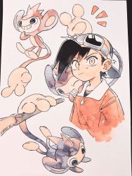 Rule 34 | 1boy, ?, aipom, backwards hat, baseball cap, black hair, branch, closed mouth, creatures (company), ethan (pokemon), game freak, gen 2 pokemon, goggles, goggles on headwear, hanging, hat, highres, jacket, male focus, nintendo, notice lines, oharu-chan, on shoulder, pokemon, pokemon (creature), pokemon adventures, pokemon on shoulder, shirt, short hair, traditional media, white background, zipper pull tab