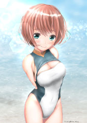 Rule 34 | 1girl, :&gt;, aqua eyes, arms behind back, artist name, bare shoulders, beach, blue sky, blush, breasts, brown hair, cleavage, cleavage cutout, closed mouth, clothing cutout, commentary request, competition swimsuit, covered navel, cowboy shot, day, garter-velvet, halterneck, highleg, highleg swimsuit, highres, light smile, looking at viewer, ocean, one-piece swimsuit, original, outdoors, shiny skin, short hair, sideboob, skin tight, sky, solo, standing, sunlight, swimsuit, thigh gap, turtleneck, twitter username, two-tone swimsuit, water