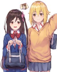 Rule 34 | 2girls, :d, bag, black cola, blazer, blonde hair, blue jacket, blue skirt, bow, brown hair, brown sweater, closed mouth, collared shirt, commentary request, cowboy shot, flower, hair between eyes, hair flower, hair ornament, hand up, highres, hitori bocchi, hitoribocchi no marumaru seikatsu, holding, holding bag, honshou aru, jacket, long hair, mole, mole under eye, multiple girls, o o, one side up, open mouth, pink flower, pleated skirt, red bow, red eyes, school bag, shirt, simple background, skirt, smile, sunao nako, sweater, v-shaped eyebrows, very long hair, white background, white shirt