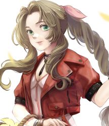 Rule 34 | 1girl, aerith gainsborough, bracelet, braid, breasts, brown hair, buttons, choker, cropped jacket, dress, falling petals, female focus, final fantasy, final fantasy vii, final fantasy vii remake, flower, flower basket, green eyes, highres, jacket, jewelry, lips, long hair, medium breasts, necklace, petals, pink dress, pink ribbon, pocket, red jacket, ribbon, sidelocks, solo, square enix, teeth, tsuchiiiiine2, upper teeth only, wavy hair, white background, yellow flower