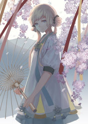 Rule 34 | 1girl, ao hitomi, backlighting, blonde hair, blue eyes, cherry blossoms, cowboy shot, double bun, dress, head tilt, holding, light smile, looking at viewer, looking to the side, oil-paper umbrella, petals, pixiv fantasia, pixiv fantasia new world, solo, twintails, umbrella
