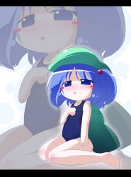 Rule 34 | 1girl, bag, barefoot, blue hair, blush, blush stickers, chibi, female focus, highres, kawashiro nitori, letterboxed, oka (bananashoe), one-piece swimsuit, school swimsuit, short hair, solo, swimsuit, touhou, two side up, zoom layer