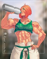 Rule 34 | 1girl, abs, bottle, dictionary, english text, freckles, green eyes, highres, looking at viewer, muscular, muscular female, original, pink hair, sir eustache, solo, sweat, tank top, veins, water bottle