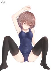Rule 34 | 1girl, absurdres, arm up, bare arms, bare shoulders, bee doushi, black thighhighs, blue one-piece swimsuit, blush, breasts, brown eyes, brown hair, collarbone, covered navel, from above, hair between eyes, head tilt, highres, long hair, looking at viewer, lying, medium breasts, no shoes, old school swimsuit, on back, one-piece swimsuit, one eye closed, original, parted lips, school swimsuit, signature, simple background, solo, spread legs, swimsuit, thighhighs, thighs, white background