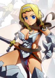 Rule 34 | 1girl, armor, blonde hair, braid, breasts, large breasts, leina (queen&#039;s blade), masamu (leonore69), queen&#039;s blade, serious, solo, sword, twin braids, weapon