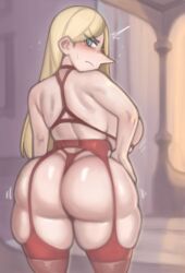 Rule 34 | 1girl, ass, ass focus, blonde hair, blue eyes, breasts, from behind, garter belt, garter straps, highres, hilling (ousama ranking), huge ass, kelvin hiu, large breasts, lingerie, long hair, looking back, mature female, motion lines, ousama ranking, panties, parted bangs, plump, pointy nose, solo, thick thighs, thighhighs, thighs, thong, underwear, underwear only