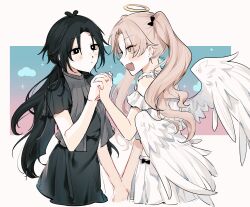 Rule 34 | 2girls, agape (shtdn), angel, angel wings, black dress, black eyes, black hair, blonde hair, blush, closed mouth, dress, facing to the side, fang, goyou (shtdn), halo, highres, holding hands, long hair, looking at another, mapoasa72, multiple girls, open mouth, shirt, short sleeves, shtdn, skirt, smile, twintails, white shirt, white skirt, wings, yellow eyes
