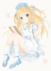 Rule 34 | 1girl, :&lt;, :o, ankle strap, apron, aqua eyes, blonde hair, bloomers, blue bow, blue dress, blue footwear, blue hat, blush, bobby socks, body blush, bow, center frills, chestnut mouth, clipboard, collared dress, cross-laced footwear, dot nose, dress, expressionless, eyes visible through hair, floating hair, flower (symbol), footwear bow, frilled apron, frilled bow, frilled socks, frills, from side, full body, green eyes, grey background, hair bow, hands up, hat, heart, heart print, high heels, highres, holding, holding clipboard, holding syringe, kani biimu, kneehighs, knees together feet apart, knees up, long hair, looking at viewer, looking to the side, maid apron, multicolored eyes, nurse, nurse cap, original, pale color, parted lips, pink bow, pleated dress, print headwear, pumps, shimotsuki potofu, shiny skin, shoes, short dress, simple background, socks, solo, striped bow, striped clothes, striped dress, syringe, thick eyelashes, two side up, underwear, upskirt, vertical-striped clothes, vertical-striped dress, w arms, waist bow, white apron, white bloomers, white socks, wing collar, wing print, winged heart