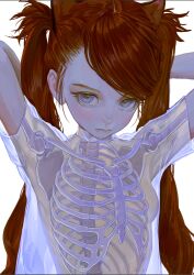 Rule 34 | 1girl, animal ears, arms behind head, arms up, blue eyes, brown hair, cat ears, close-up, closed mouth, expressionless, feifei (fkey), fkey, highres, long hair, looking at viewer, original, shirt, short sleeves, simple background, skeleton print, solo, swept bangs, twintails, upper body, white background, white shirt