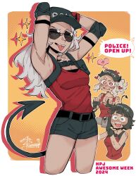 Rule 34 | 25 kimera, 3girls, :d, armpits, arms up, artist name, azazel (helltaker), baseball cap, belt, belt buckle, black headwear, blush, border, breasts, buckle, camcorder, camera, clothes writing, cropped legs, dated, demon girl, demon horns, demon tail, elbow pads, english text, fang, female focus, fingerless gloves, gloves, hat, heart, heart-shaped pupils, helltaker, highres, holding, holding camera, horns, justice (helltaker), long hair, looking at another, medium breasts, modeus (helltaker), multiple girls, official alternate costume, open mouth, orange background, police hat, red shirt, shirt, short hair, short shorts, shorts, signature, simple background, smile, solo focus, speech bubble, standing, sunglasses, sweat, symbol-shaped pupils, tail, teeth, tongue, tongue out, upper body, upper teeth only, video camera, watermark, white border, yuri