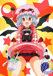 Rule 34 | 1girl, alternate costume, ball, beachball, binoculars, blue hair, elbow pads, fangs, female focus, flapping, gloves, goggles, goggles on head, highres, innertube, one-piece swimsuit, open mouth, red eyes, remilia scarlet, solo, sonjow4, star (symbol), swim ring, swimsuit, touhou, wings