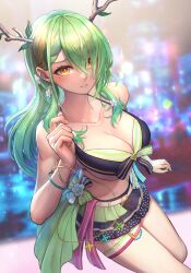 Rule 34 | 1girl, antlers, bare arms, bare shoulders, belt, blush, branch, breasts, ceres fauna, flower, green hair, hair flower, hair ornament, highres, holocouncil, hololive, hololive english, horns, large breasts, looking at viewer, mole, mole under eye, ruraji, skirt, smile, solo, virtual youtuber