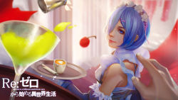 Rule 34 | 10s, 1girl, absurdres, apron, blue eyes, blue hair, breasts, cherry, copyright name, cup, curtains, detached sleeves, drinking glass, eyelashes, eyeliner, fingernails, food, frilled sleeves, frills, from behind, fruit, hair ornament, hair over one eye, hair ribbon, highres, holding, holding tray, indoors, lipstick, long sleeves, looking at viewer, looking back, maid, maid headdress, makeup, nose, pink lips, pink ribbon, pov, re:zero kara hajimeru isekai seikatsu, rem (re:zero), ribbon, small breasts, smile, solo, solo focus, teacup, tray, twisted neck, upper body, waist apron, wide sleeves, x hair ornament, xiaoxiaoxiaomo