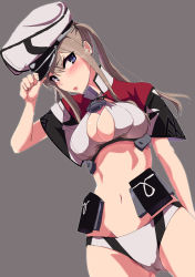 Rule 34 | 10s, 1girl, adapted costume, blonde hair, blue eyes, blush, breasts, capelet, comala (komma la), graf zeppelin (kancolle), grey background, hair between eyes, hat, highres, kantai collection, large breasts, long hair, open mouth, peaked cap, sidelocks, simple background, solo, twintails