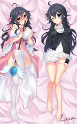 Rule 34 | 10s, 1girl, :p, ;), ;p, ahoge, artist name, bad id, bad pixiv id, bare shoulders, barefoot, black hair, blue eyes, blush, bow, bowtie, grabbing another&#039;s breast, breasts, center frills, dakimakura (medium), detached collar, detached sleeves, dress, feet, frilled sleeves, frills, full body, grabbing, grabbing own breast, groin, hair between eyes, head tilt, high-waist skirt, large breasts, licking, licking finger, long hair, long sleeves, looking at viewer, luzia, lying, magical girl, multiple views, netoge no yome wa onna no ko janai to omotta?, no shoes, nose blush, on back, one eye closed, panties, panty pull, pink bow, pink bowtie, pink panties, pink shirt, pleated skirt, ribbon-trimmed panties, shirt, skirt, smile, staff, tamaki ako, thighhighs, toes, tongue, tongue out, underwear, very long hair, white background, white dress, white shirt, wide sleeves