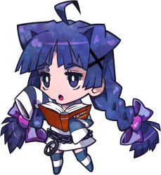 Rule 34 | 1girl, :o, alice (criminal girls), book, bow, braid, bright pupils, chain, chibi, criminal girls, female focus, full body, hair bow, ichihaya, long hair, long sleeves, nippon ichi, official art, open mouth, purple eyes, purple hair, simple background, sleeves past wrists, solo, striped clothes, striped thighhighs, thighhighs, twin braids, twintails, white background